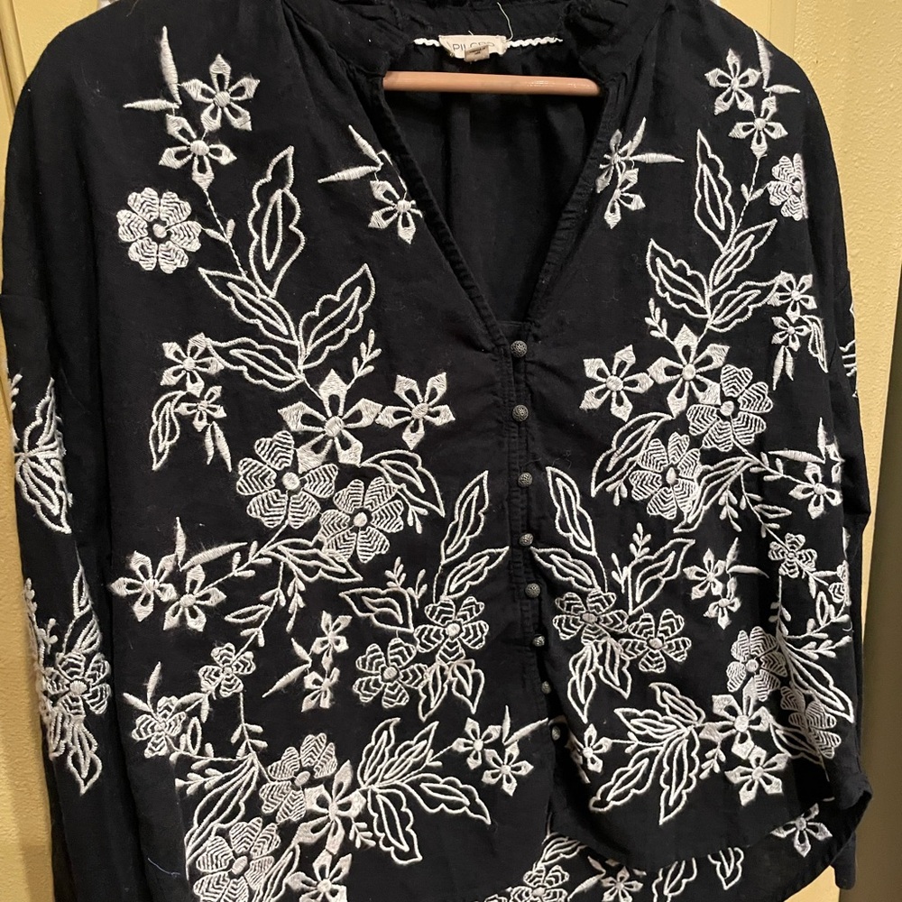 Pilcro Black Blouse with White Floral Embroidery